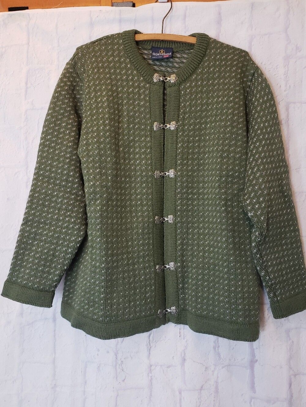 SKJAEVELAND NORWAY Wool Nordic Cardigan Sweater Pine Green Large